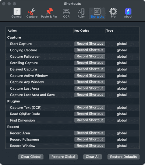 Screenshot of the shortcuts settings